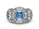 Silver Fancy Blue Asscher Cut Halo Milgrain Diamond Engagement Ring with Leaf Band and Four-Prong Setting_12