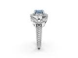 Silver Fancy Blue Asscher Cut Halo Milgrain Diamond Engagement Ring with Leaf Band and Four-Prong Setting_14