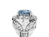 Silver Fancy Blue Asscher Cut Halo Milgrain Diamond Engagement Ring with Leaf Band and Four-Prong Setting_17