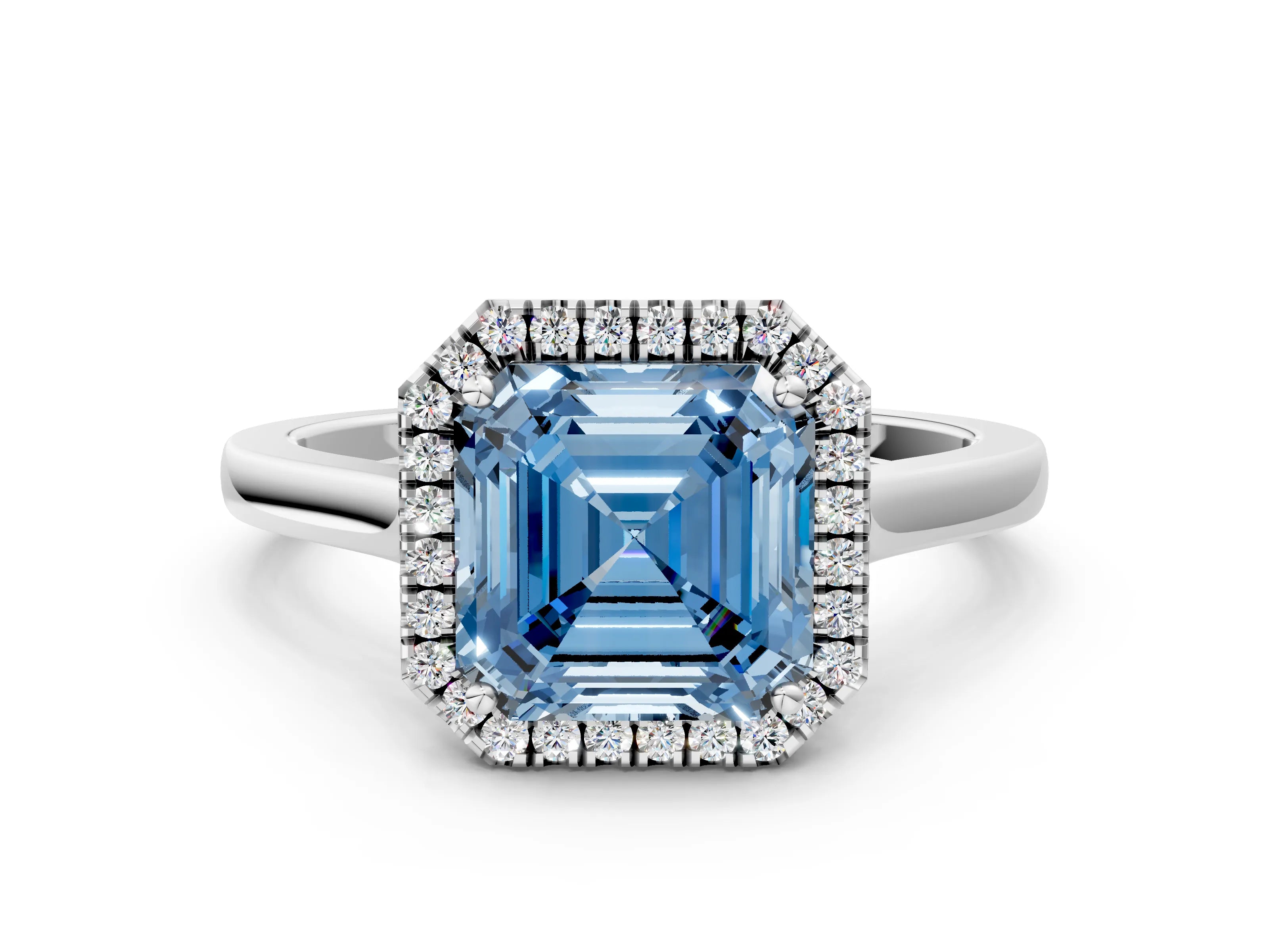 Silver Fancy Blue Asscher Cut Halo Round Diamond Solitaire Ring with Pavé Band and Four-Prong Setting_24