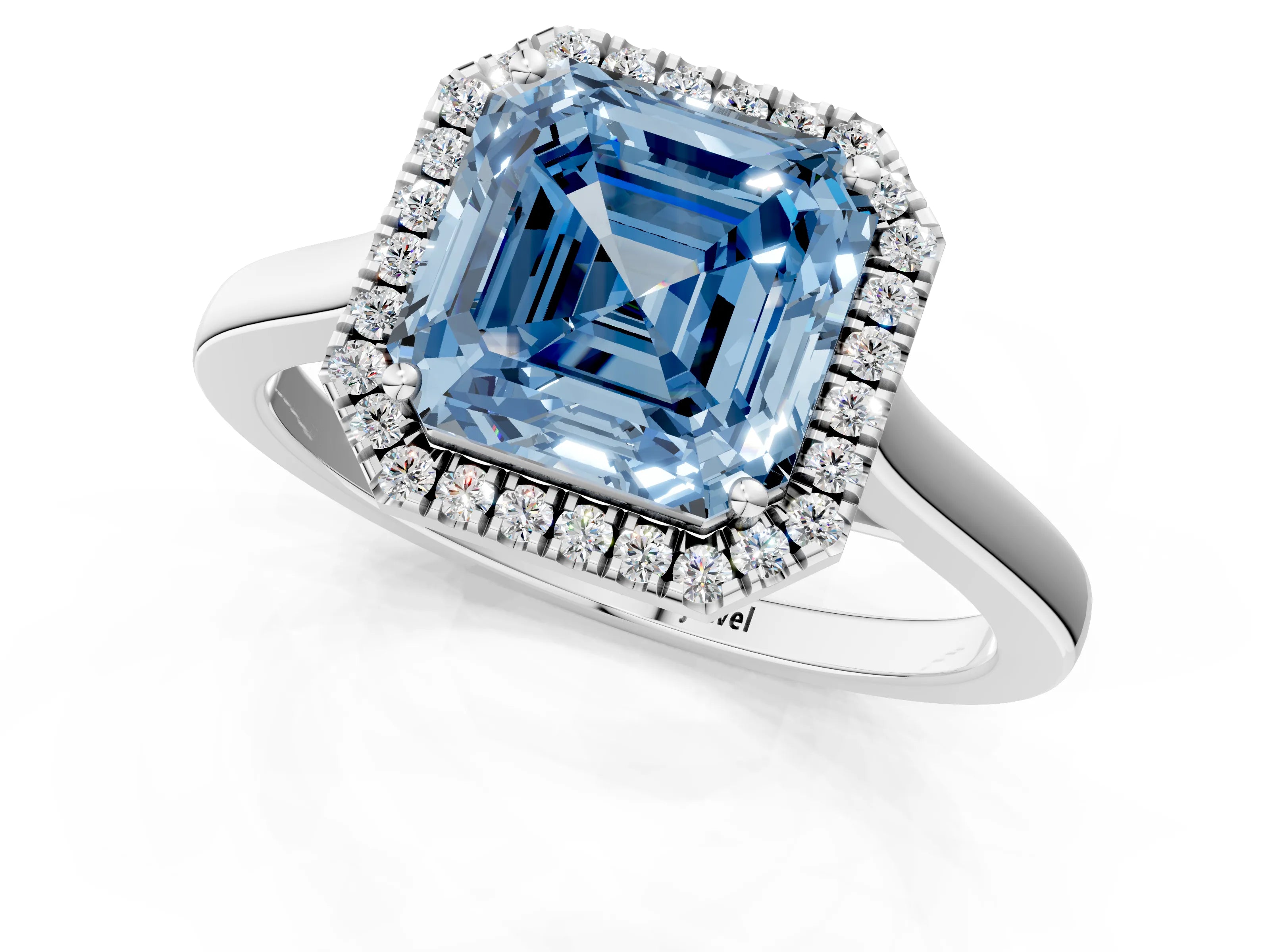 Silver Fancy Blue Asscher Cut Halo Round Diamond Solitaire Ring with Pavé Band and Four-Prong Setting_25