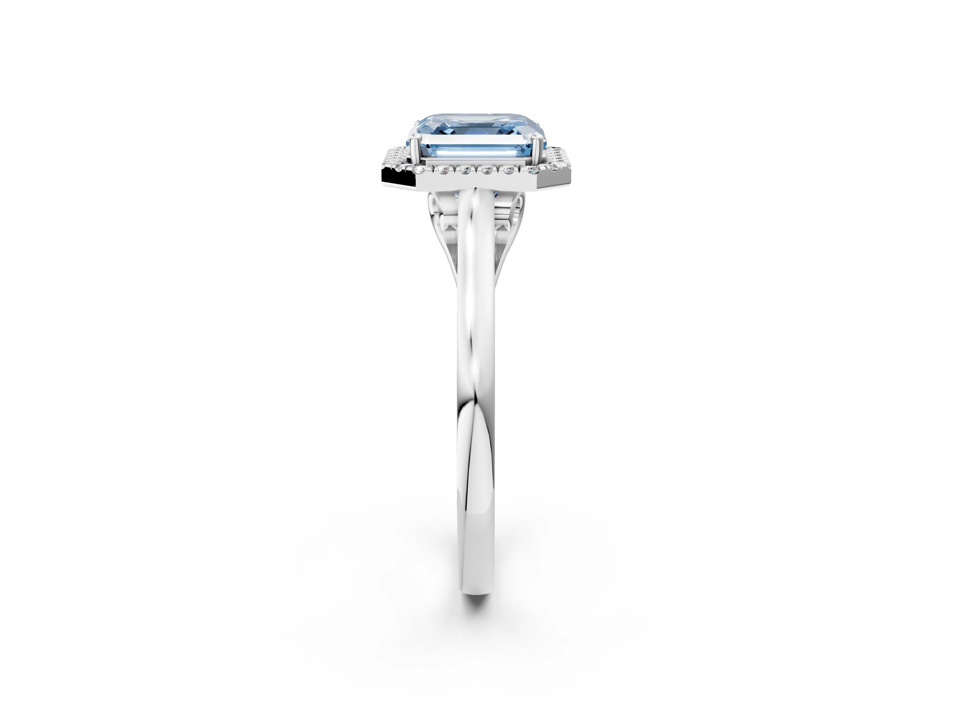 Silver Fancy Blue Asscher Cut Halo Round Diamond Solitaire Ring with Pavé Band and Four-Prong Setting_26