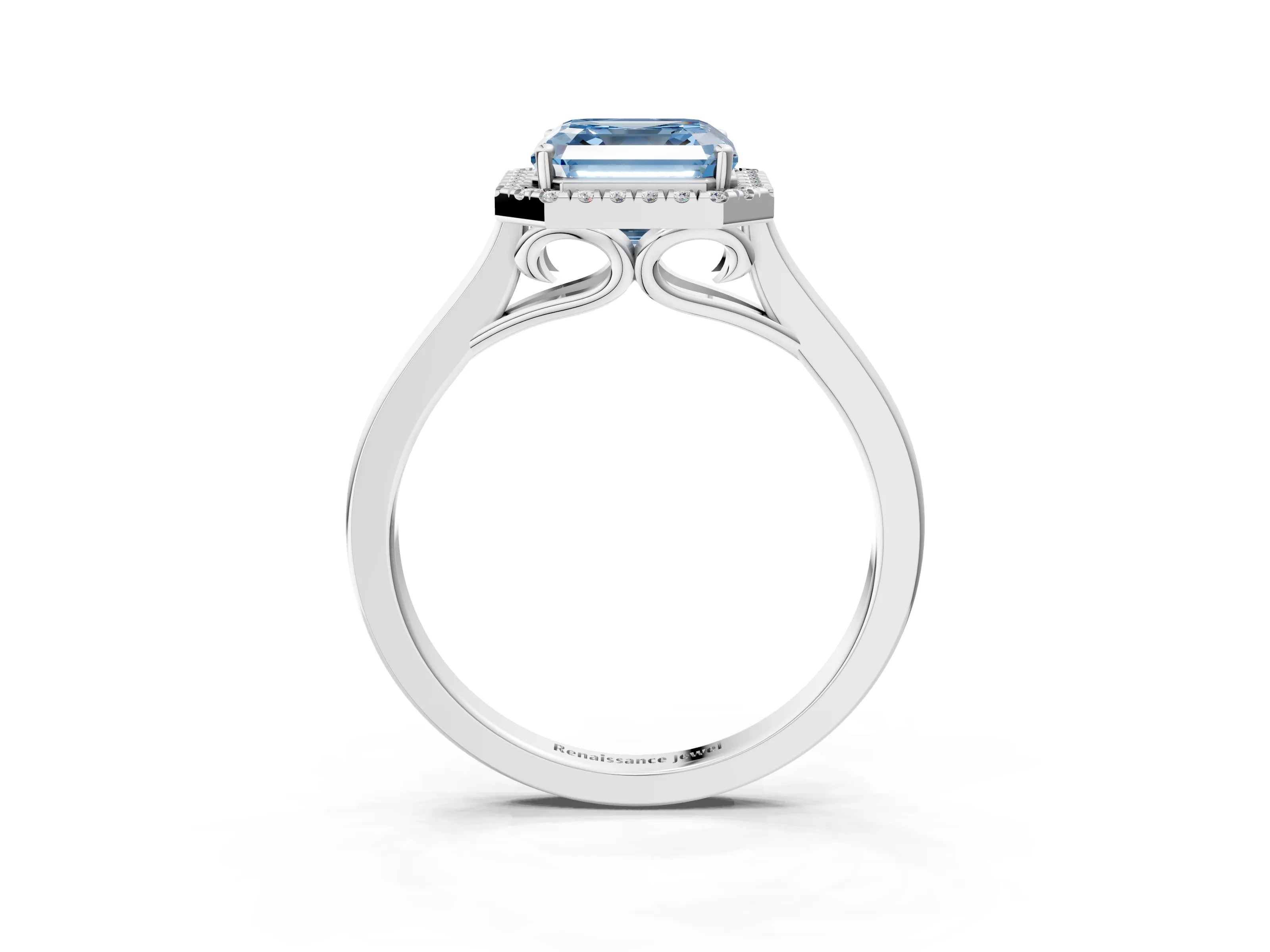 Silver Fancy Blue Asscher Cut Halo Round Diamond Solitaire Ring with Pavé Band and Four-Prong Setting_27