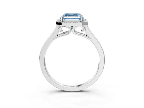 Silver Fancy Blue Asscher Cut Halo Round Diamond Solitaire Ring with Pavé Band and Four-Prong Setting_27