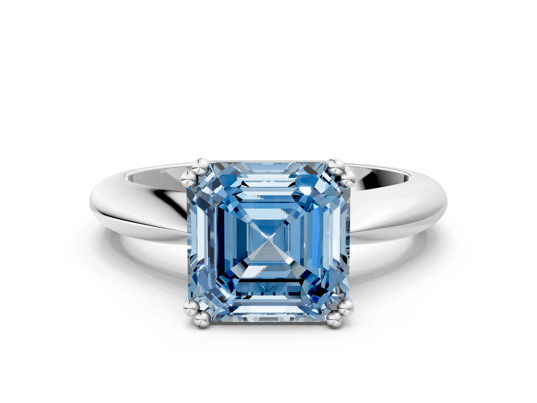 Silver Fancy Blue Asscher  Cut Solitaire Engagement Ring with Tapered Band and Four-Prong Setting