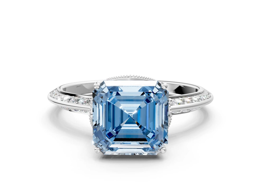 Silver Fancy Blue Asscher Cut Solitaire Split Shank Pave Diamond Engagement Ring with Four-Prong Setting_6
