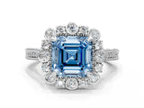 Silver Fancy Blue Asscher  Halo Milgrain Pave Diamond Ring with Four-Prong Setting 1