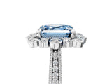 Silver Fancy Blue Asscher  Halo Milgrain Pave Diamond Ring with Four-Prong Setting