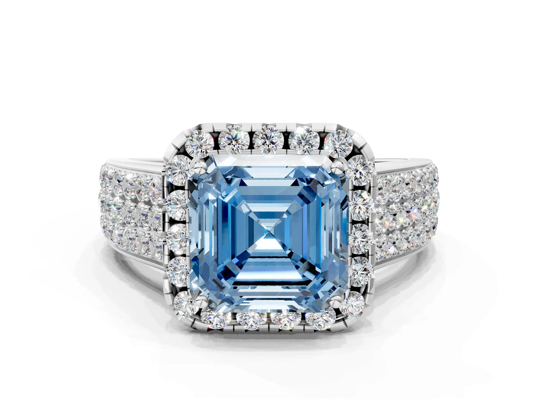 Silver Fancy Blue Asscher  Halo Round Diamond Pave Band with Prong Setting 2