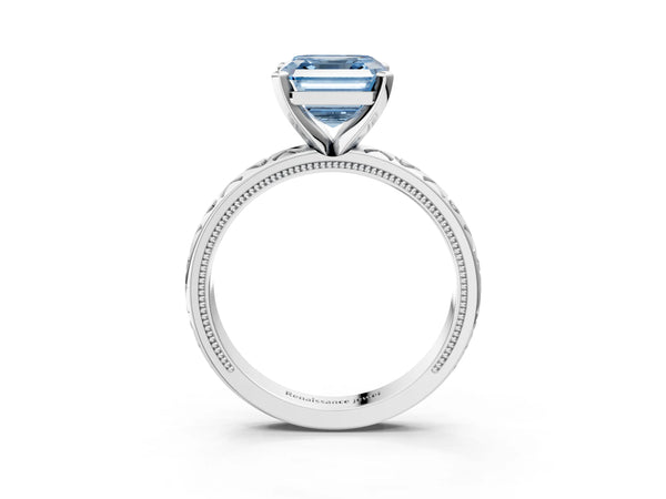 Sterling Silver Asscher Cut XO Engraved Engagement Ring Setting for Fancy Blue Center