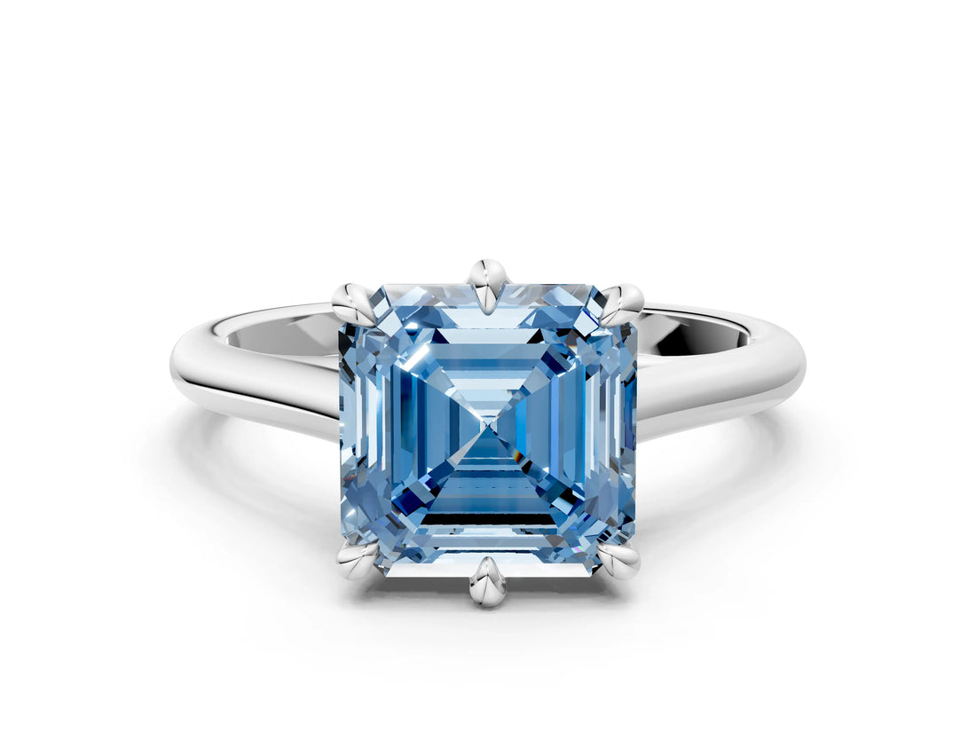 Silver Fancy Blue Asscher  Solitaire Engagement Ring with Six-Prong Setting and Classic Band
