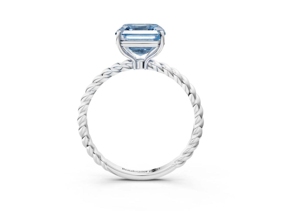 Silver Fancy Blue Asscher  Solitaire Twist Band Ring with Four-Prong Setting