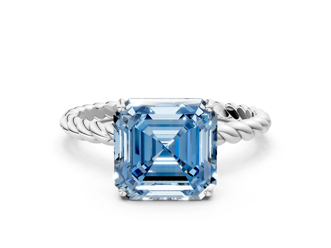 Silver Fancy Blue Asscher  Solitaire Twist Band Ring with Four-Prong Setting_3
