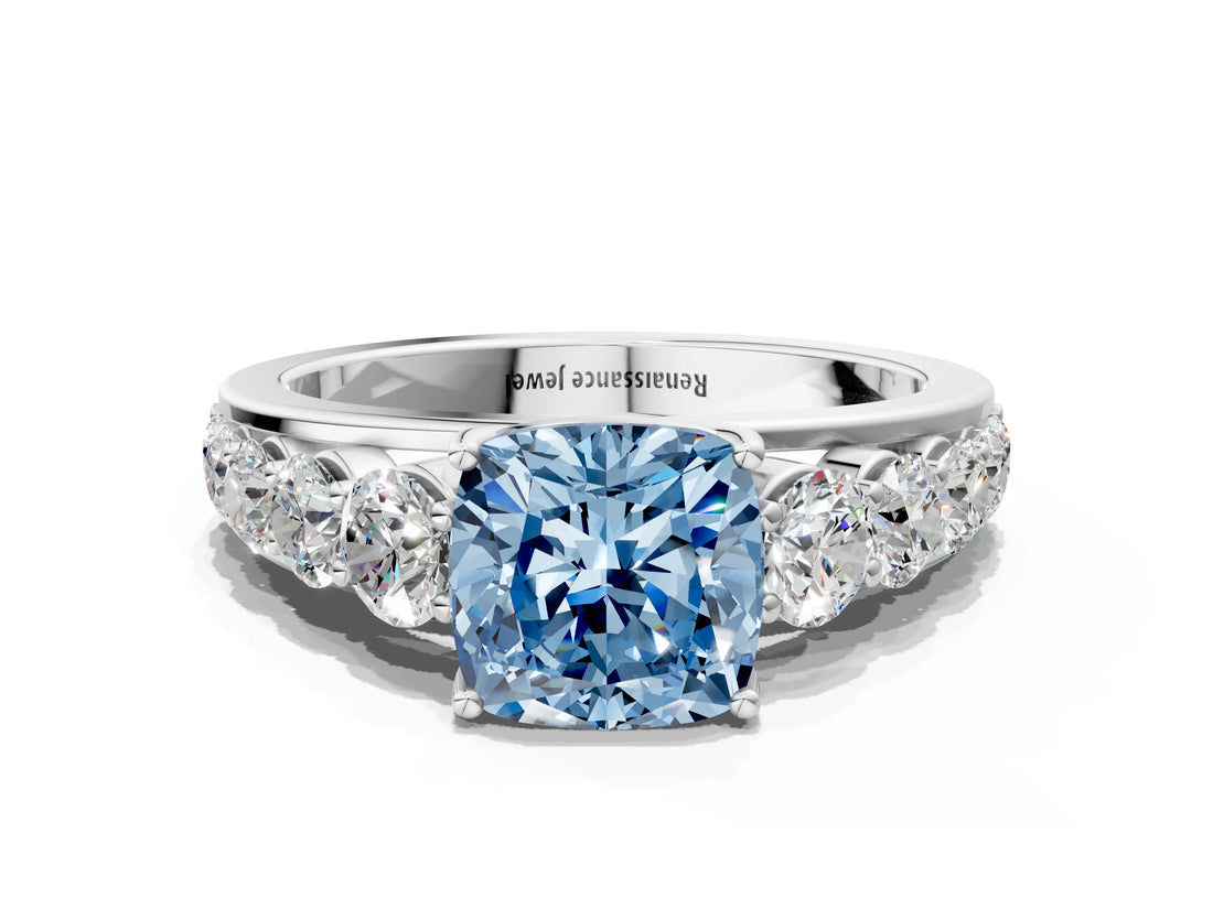 Silver Fancy Blue Cushion Cut Brilliant Diamond Pavé Band with Six-Prong Setting_19