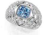 Silver Fancy Blue Cushion Cut Brilliant Halo Pave Diamond Milgrain Ring_7