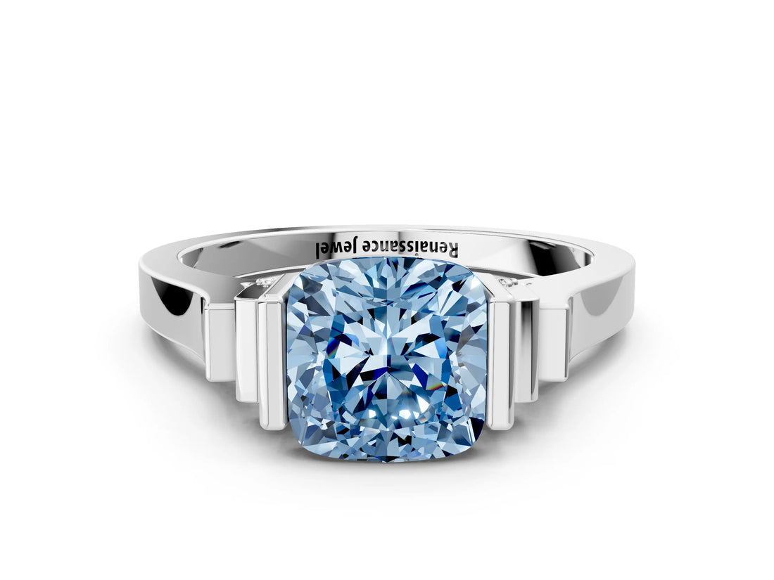 Silver Fancy Blue Cushion Cut Brilliant Solitaire Diamond Ring with Channel Set Band and Bar Prong Setting_18