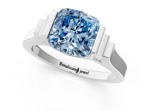Silver Fancy Blue Cushion Cut Brilliant Solitaire Diamond Ring with Channel Set Band and Bar Prong Setting