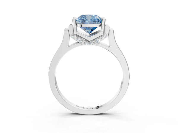 Silver Fancy Blue Cushion Cut Brilliant Solitaire Diamond Ring with Channel Set Band and Bar Prong Setting