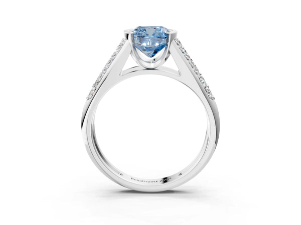Silver Fancy Blue Cushion Cut Diamond Channel Set Pave Band with Tension Prong Setting