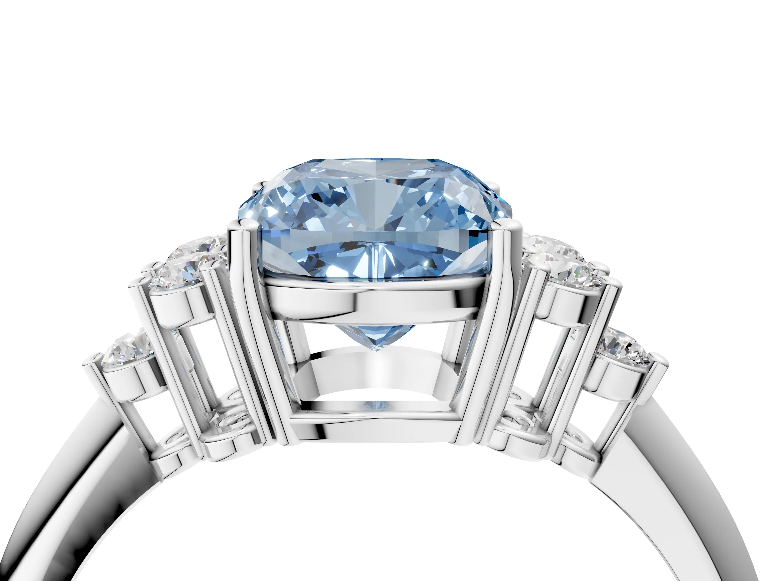 Silver Fancy Blue Cushion Cut Cut Diamond Cluster Ring with Solitaire Band and Four-Prong Setting_23