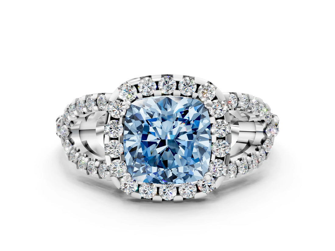 Silver Fancy Blue Cushion Cut Cut Diamond Halo Engagement Ring with Open Split Pavé Band_6