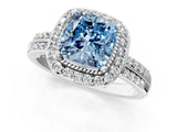 Silver Fancy Blue Cushion Cut Diamond Double Halo Ring with Split Shank and Four-Prong Setting_7