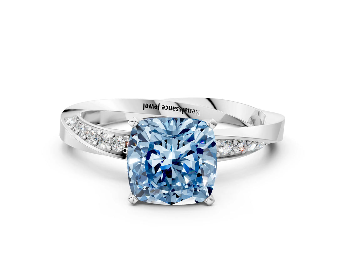 Silver Fancy Blue Cushion Cut Diamond Engagement Ring with Side Stone Accents and Four-Prong Setting_12