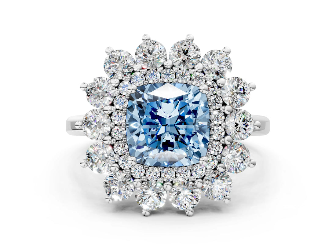 Silver Fancy Blue Cushion Cut Diamond Floral Double Halo Engagement Ring with Prong Setting_150