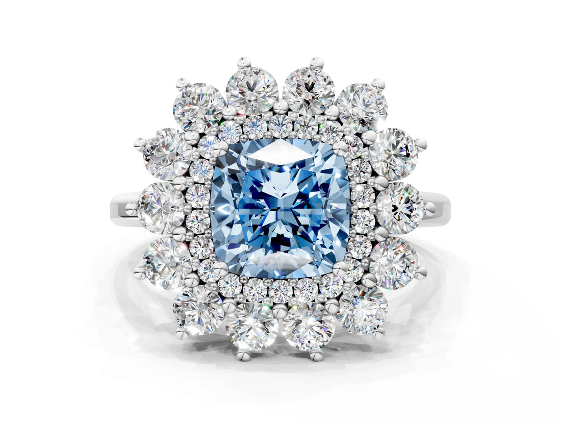 Silver Fancy Blue Cushion Cut Diamond Floral Double Halo Engagement Ring with Prong Setting_30