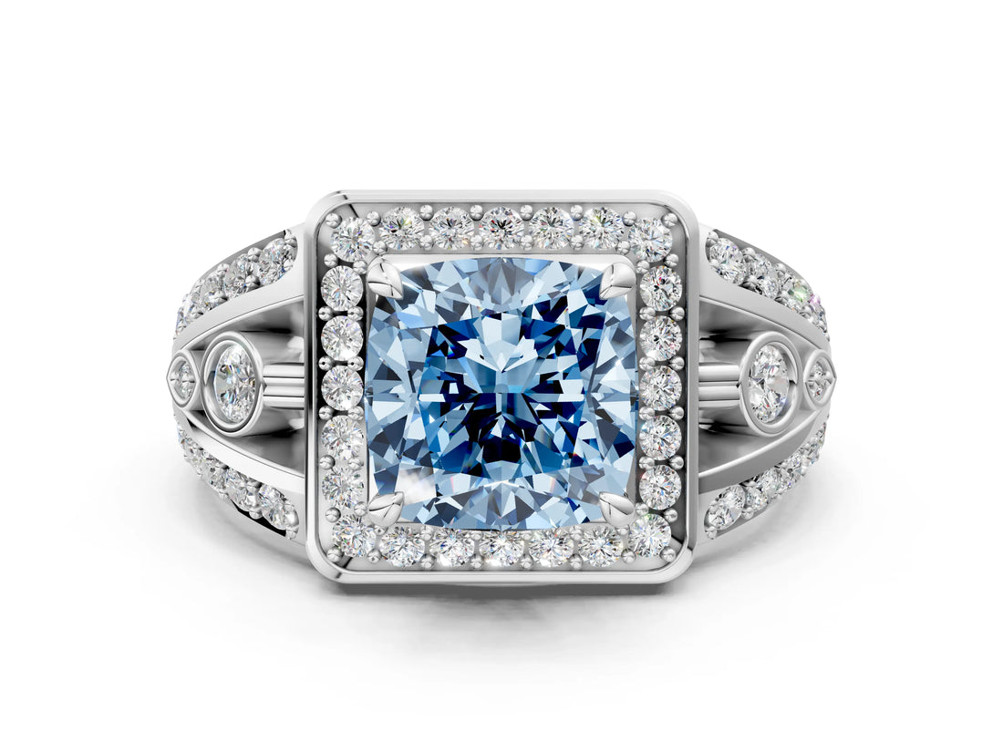 Silver Fancy Blue Cushion Cut Diamond Halo Ring with Split Shank and Bezel Accents and Four-Prong Setting_6