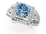 Silver Fancy Blue Cushion Cut Diamond Halo Ring with Split Shank and Bezel Accents and Four-Prong Setting_7