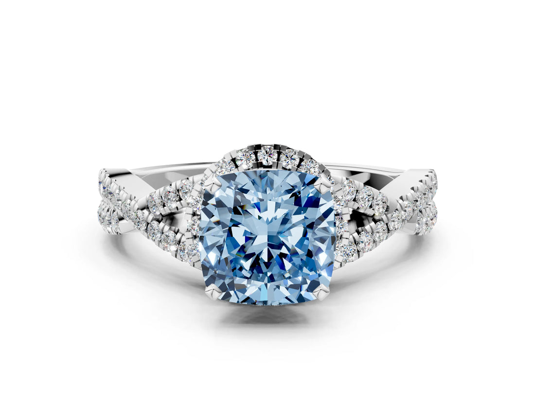 Silver Fancy Blue Cushion Cut Diamond  Halo Twist Band Solitaire Prong Setting Ring_12