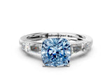 Silver Fancy Blue Cushion  Cut Diamond Ring with Baguette Side Stones, Channel Set Band, and Four-Prong Setting_24