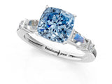 Silver Fancy Blue Cushion  Cut Diamond Ring with Baguette Side Stones, Channel Set Band, and Four-Prong Setting_25