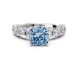 Silver Fancy Blue Cushion Cut Diamond Side Stone Engagement Ring with Four-Prong Setting_3