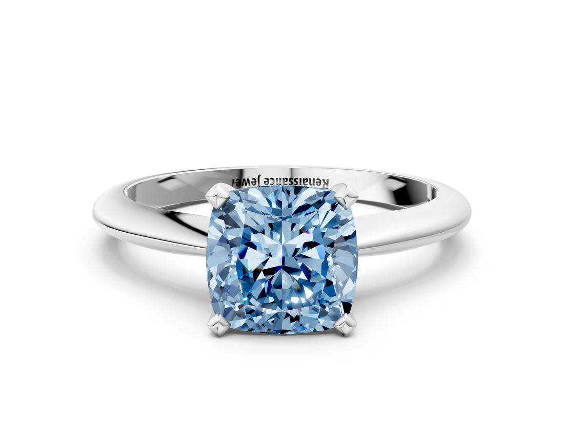 Silver Fancy Blue Cushion Cut Diamond Solitaire Engagement Ring with Classic Band and Four-Prong Setting_12