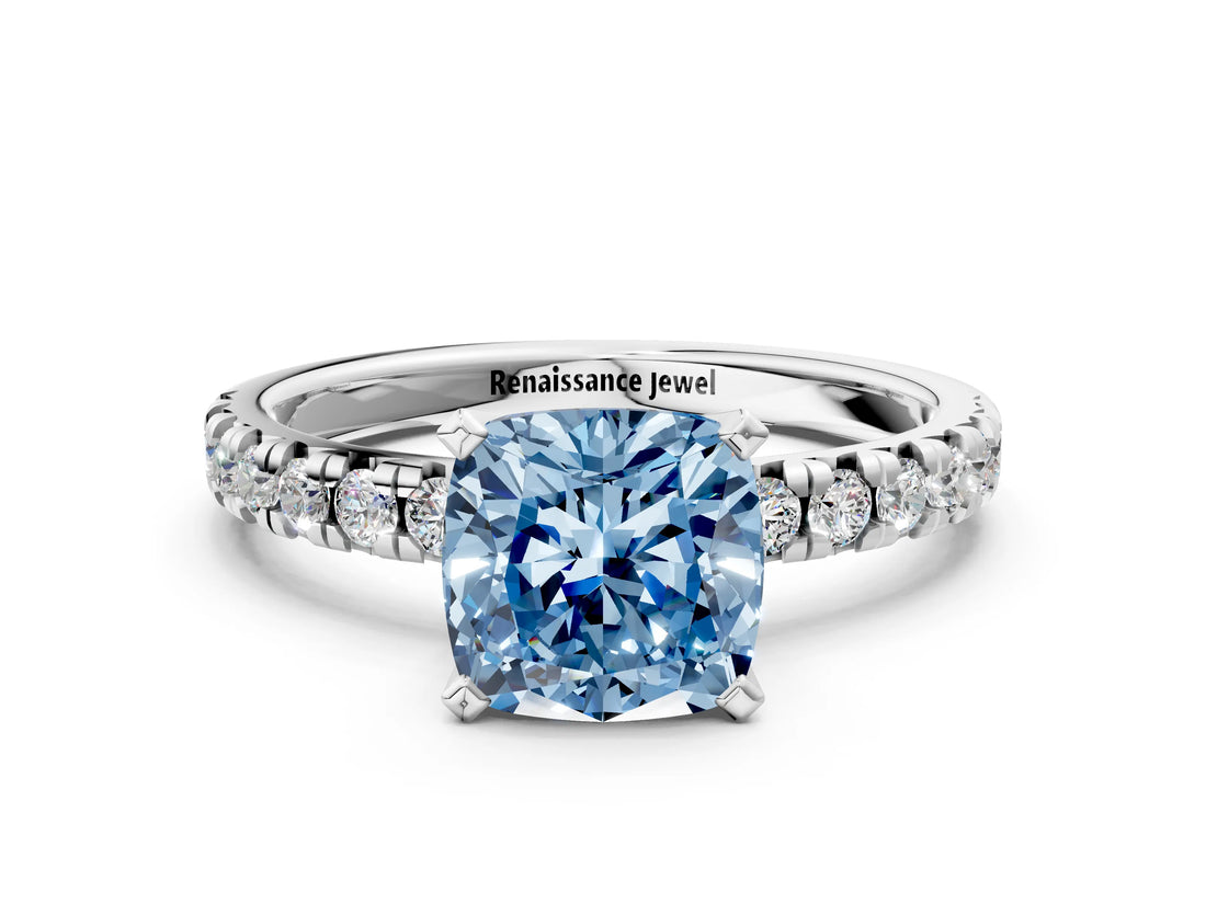 Silver Fancy Blue Cushion Cut Diamond Solitaire Pavé Engagement Ring with Round Band and Prong Setting_2