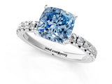 Silver Fancy Blue Cushion Cut Diamond Solitaire Pavé Engagement Ring with Round Band and Prong Setting_3