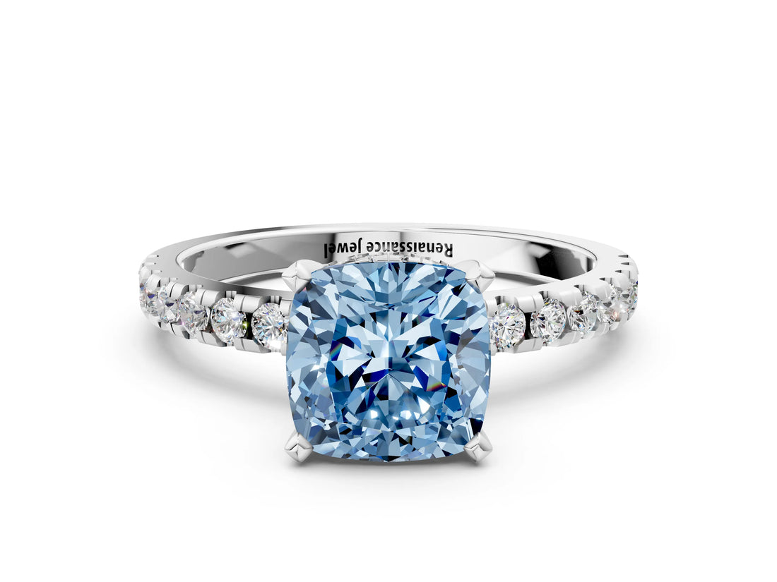 Silver Fancy Blue Cushion Cut Diamond Solitaire Ring with Round  Pavé Band and Four-Prong Setting_36