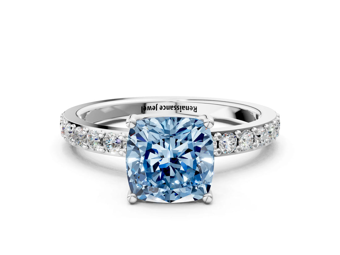 Silver Fancy Blue Cushion  Cut Diamond Solitaire with Pave Band and Four-Prong Setting