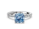 Silver Fancy Blue Cushion  Cut Diamond Solitaire with Pave Band and Four-Prong Setting
