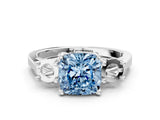Silver Fancy Blue Cushion Cut Diamond Three-Stone Engagement Ring with Prong Setting and Pavé Band_6