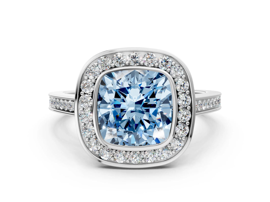 Silver Fancy Blue Cushion Cut Halo Bezel Diamond Pave Band Ring_42