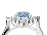 Silver Fancy Blue Cushion Cut Halo Diamond Cluster Ring with Marquise and Round Stones on a White Gold Band with Prong Setting_10