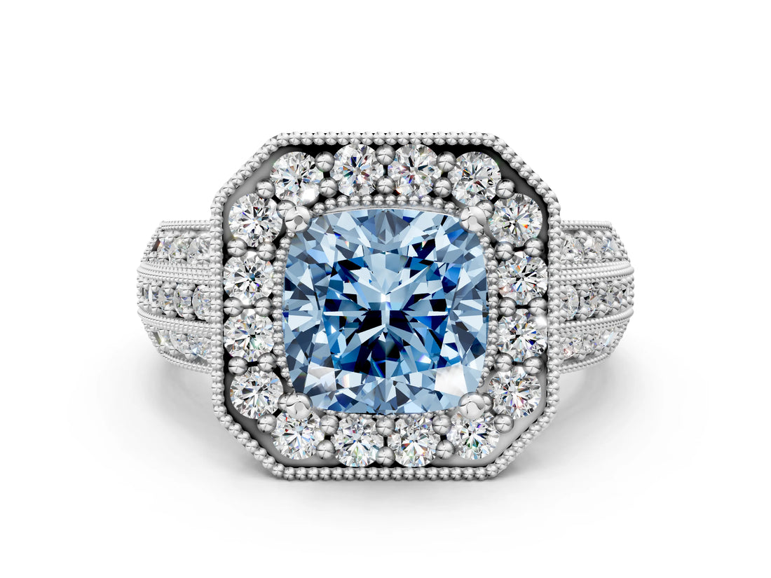 Silver Fancy Blue Cushion Cut Halo Diamond Engagement Ring with Pave Split Shank and Four-Prong Setting_6