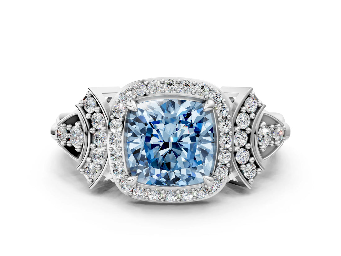 Silver Fancy Blue Cushion Cut Halo Diamond Split Shank Engagement Ring with Four-Prong Setting_18
