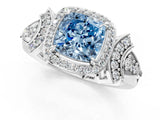 Silver Fancy Blue Cushion Cut Halo Diamond Split Shank Engagement Ring with Four-Prong Setting_19