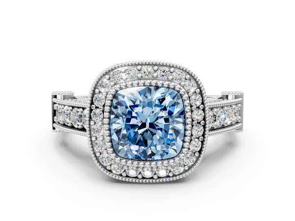 Sterling Silver Cushion Cut Vintage Bezel Halo Engagement Ring Setting for Fancy Blue Center