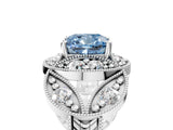 Silver Fancy Blue Cushion Cut Halo Milgrain Diamond Engagement Ring with Leaf Band and Four-Prong Setting_11