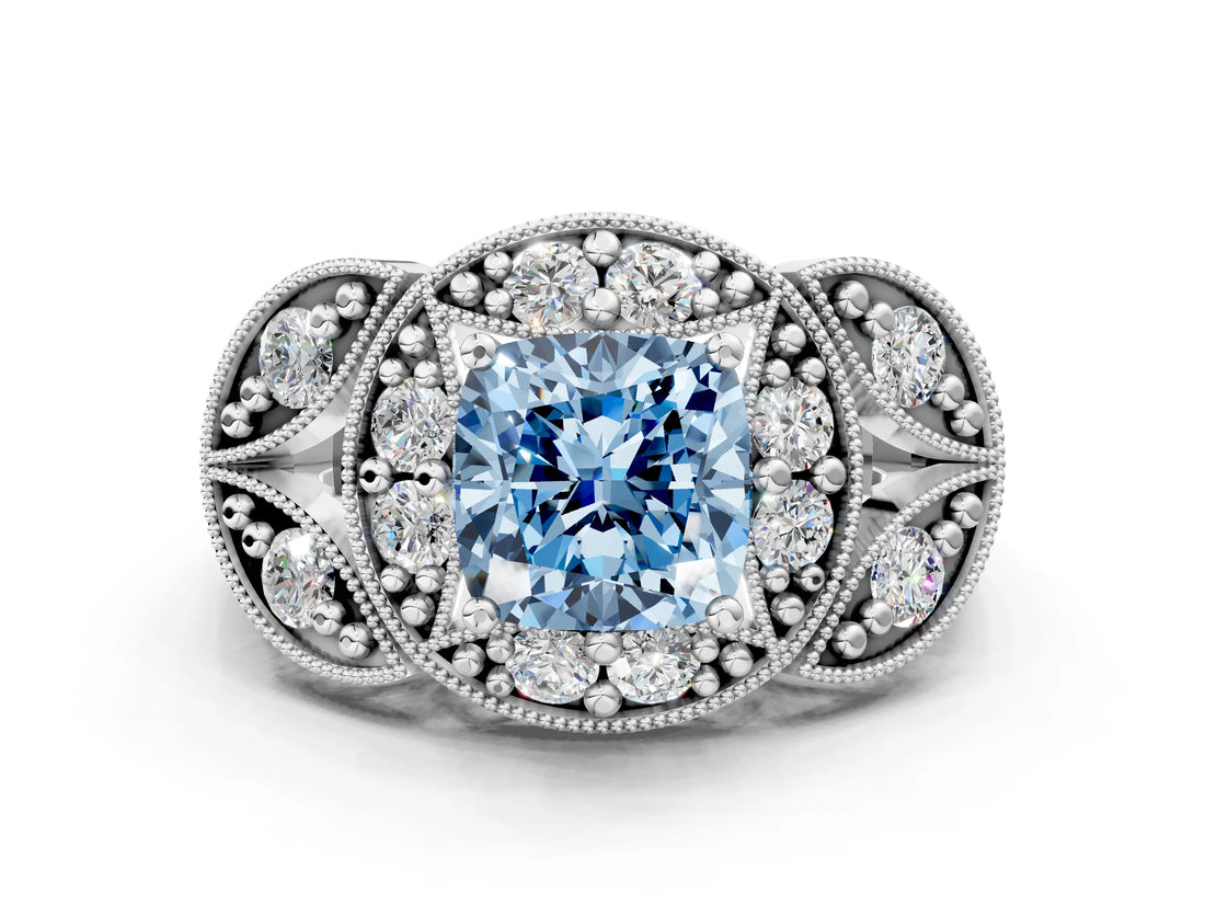 Silver Fancy Blue Cushion Cut Halo Milgrain Diamond Engagement Ring with Leaf Band and Four-Prong Setting_6